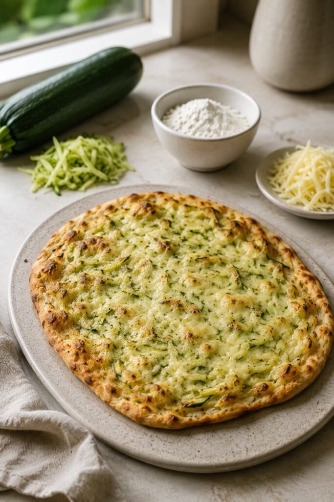 Zucchini and cheese flatbread with grated zucchini, cheese, and flour nearby