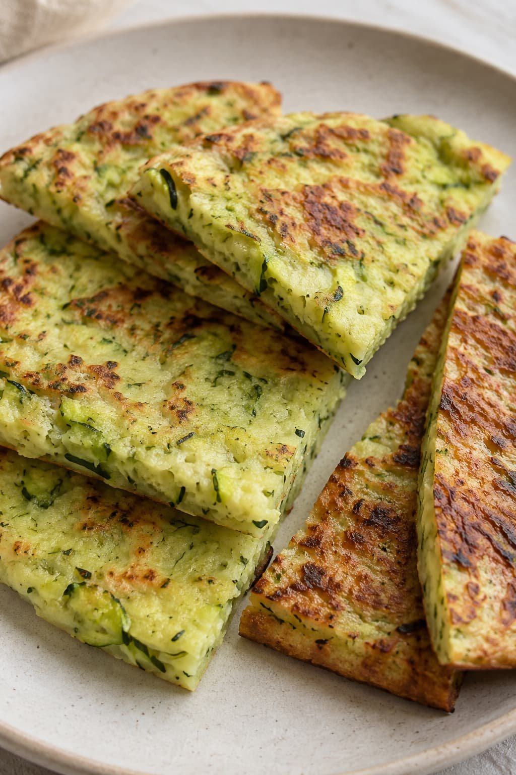 Zucchini flatbread pieces showing a tender interior and firmer browned edges