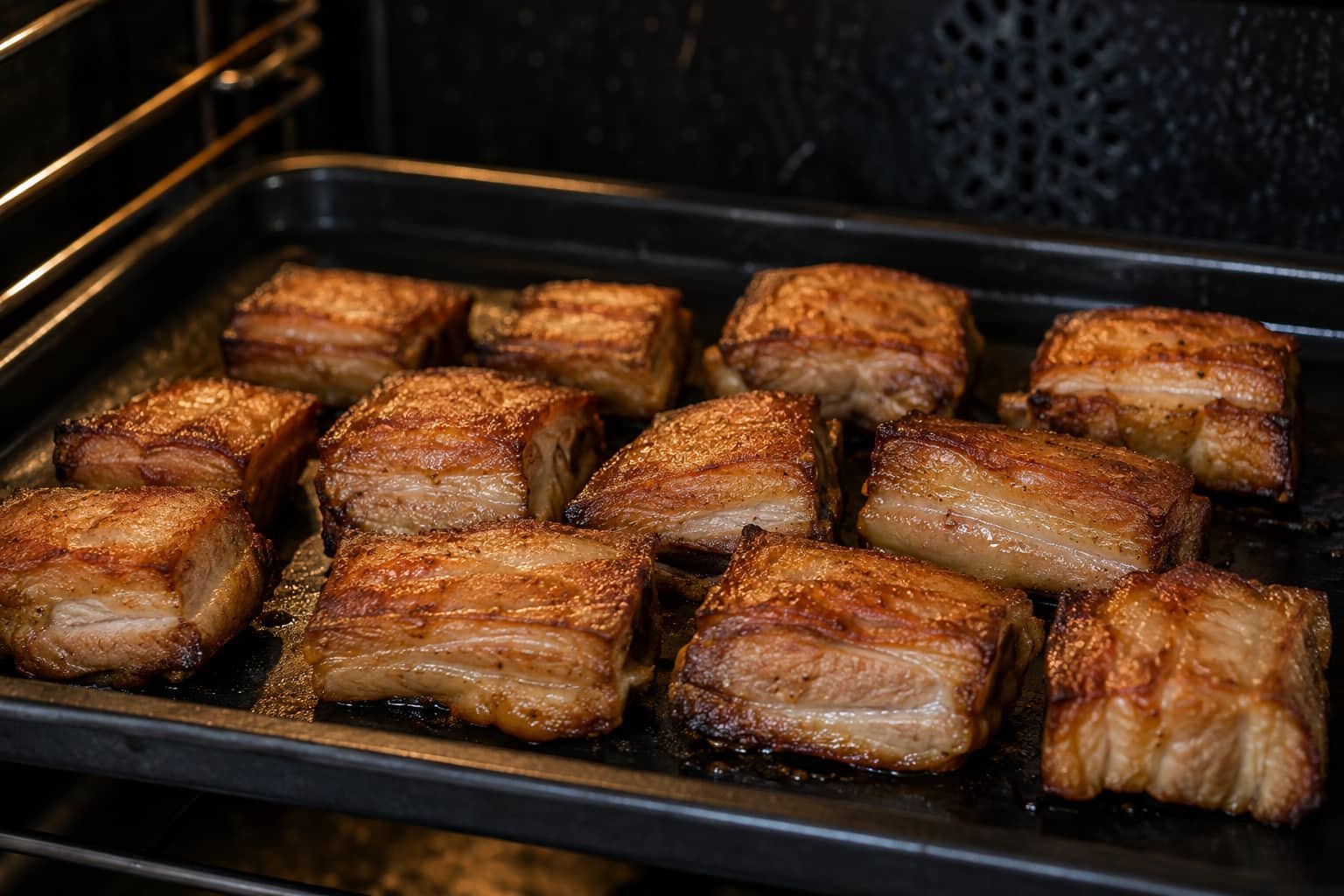 Slow-cooked pork belly being browned for a crisper exterior