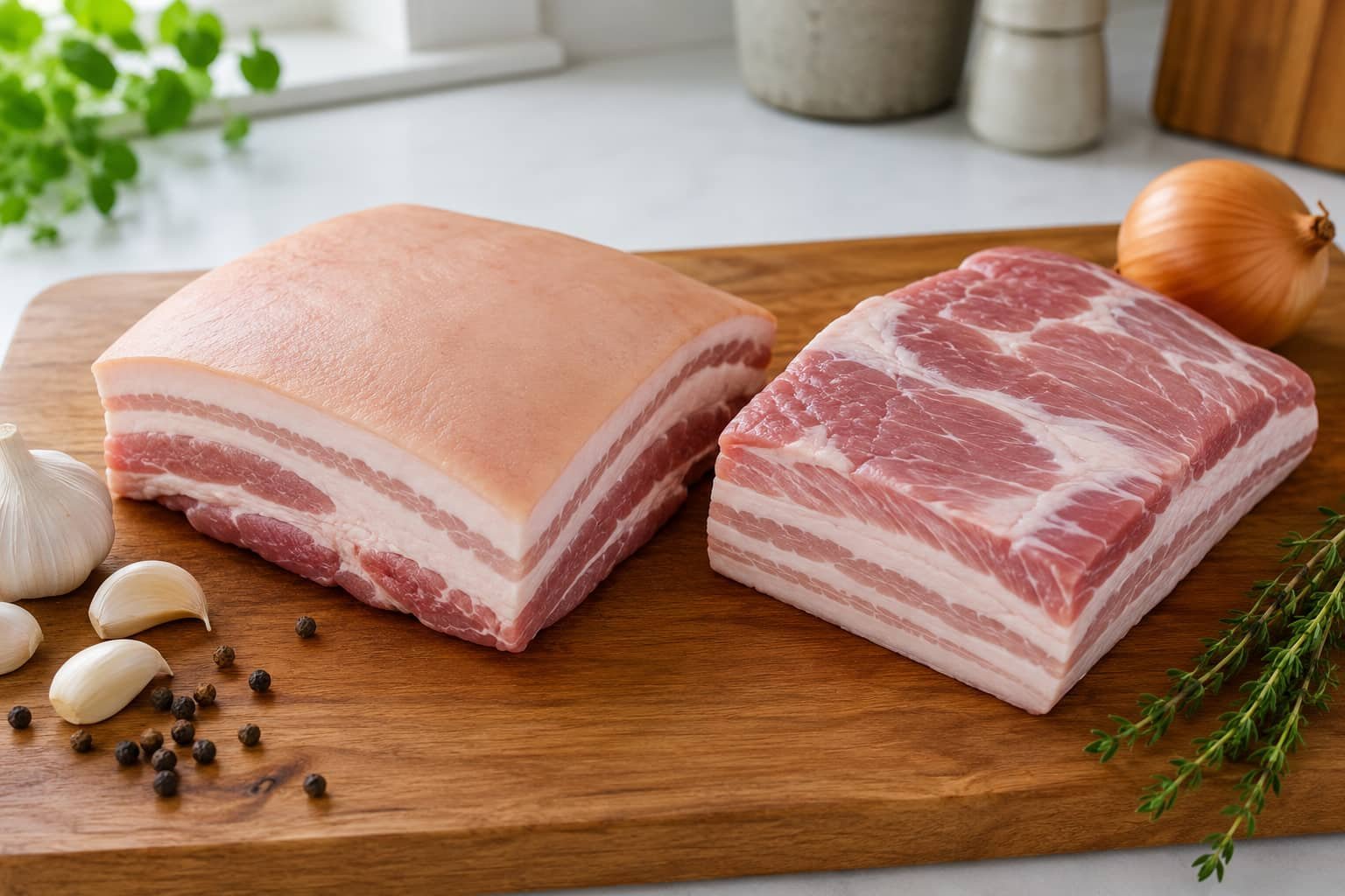Skin-on and skinless pork belly pieces prepared for slow cooking