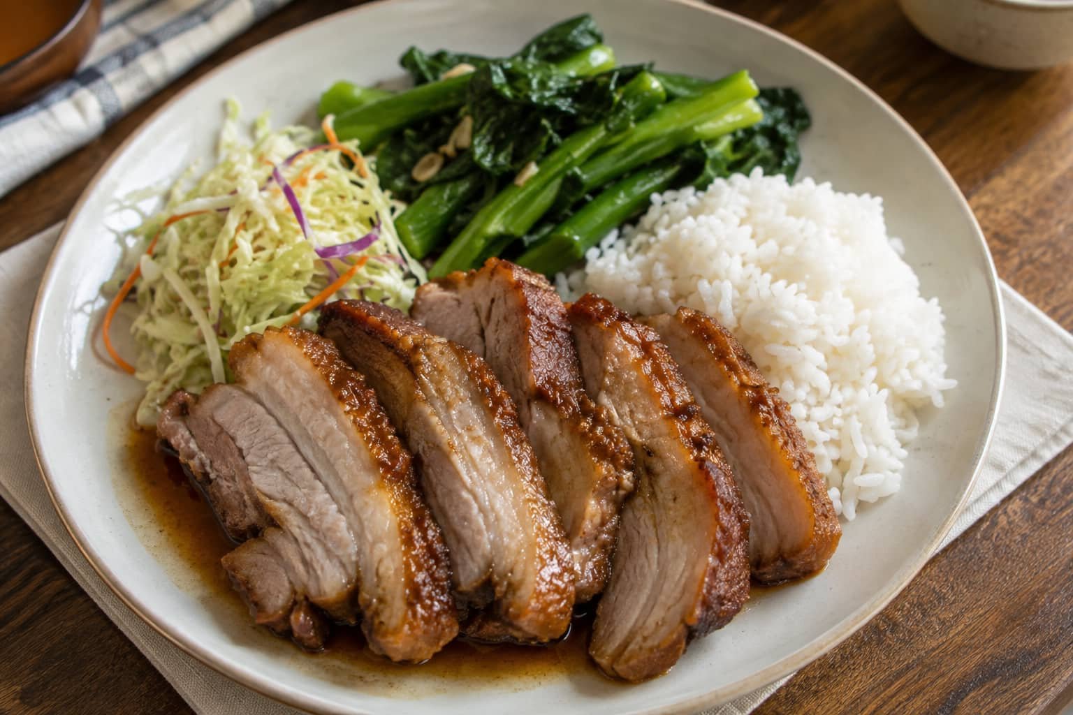Slow-cooked pork belly served with rice, vegetables and fresh cabbage