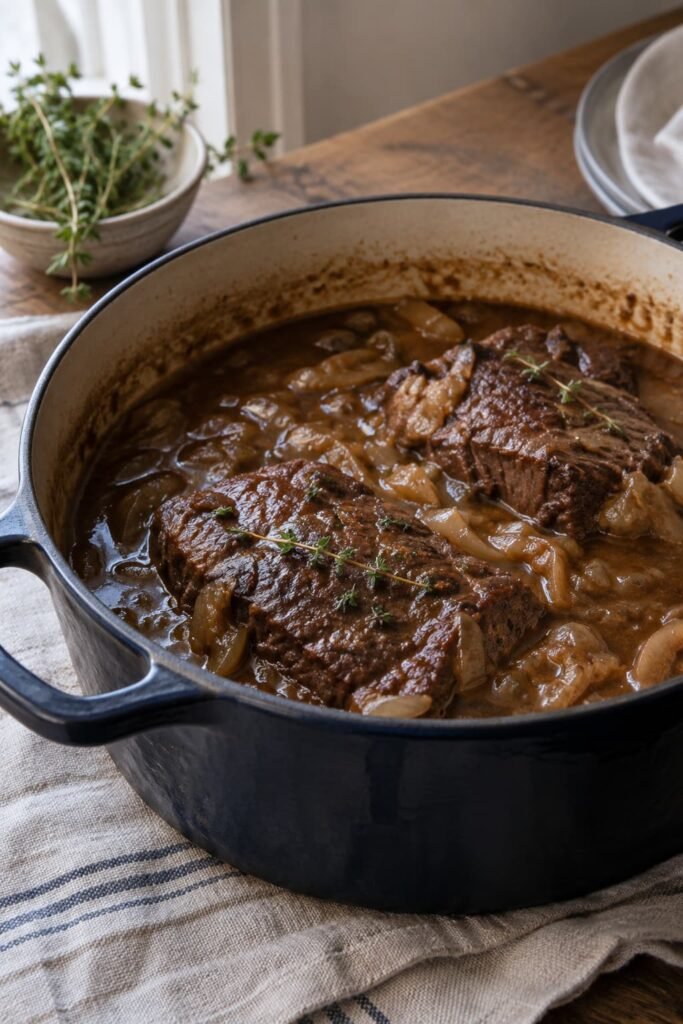 vBraised chuck steak with onions and brown braising sauce in a covered-pot style presentation