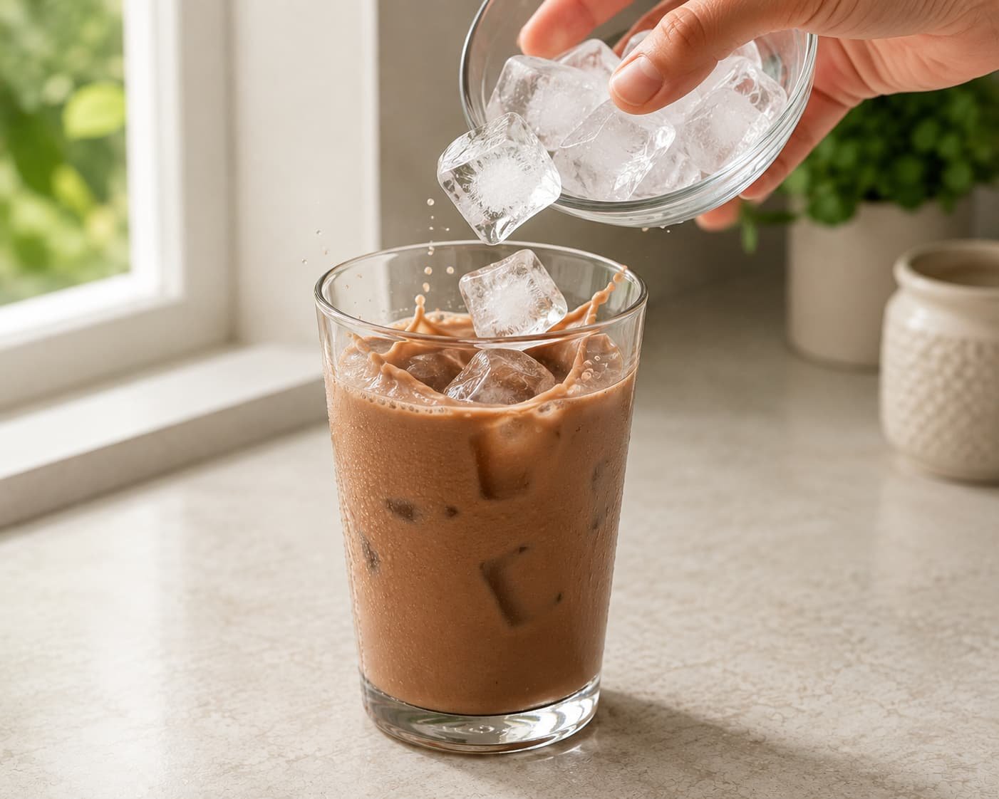 Adding ice cubes to a homemade iced