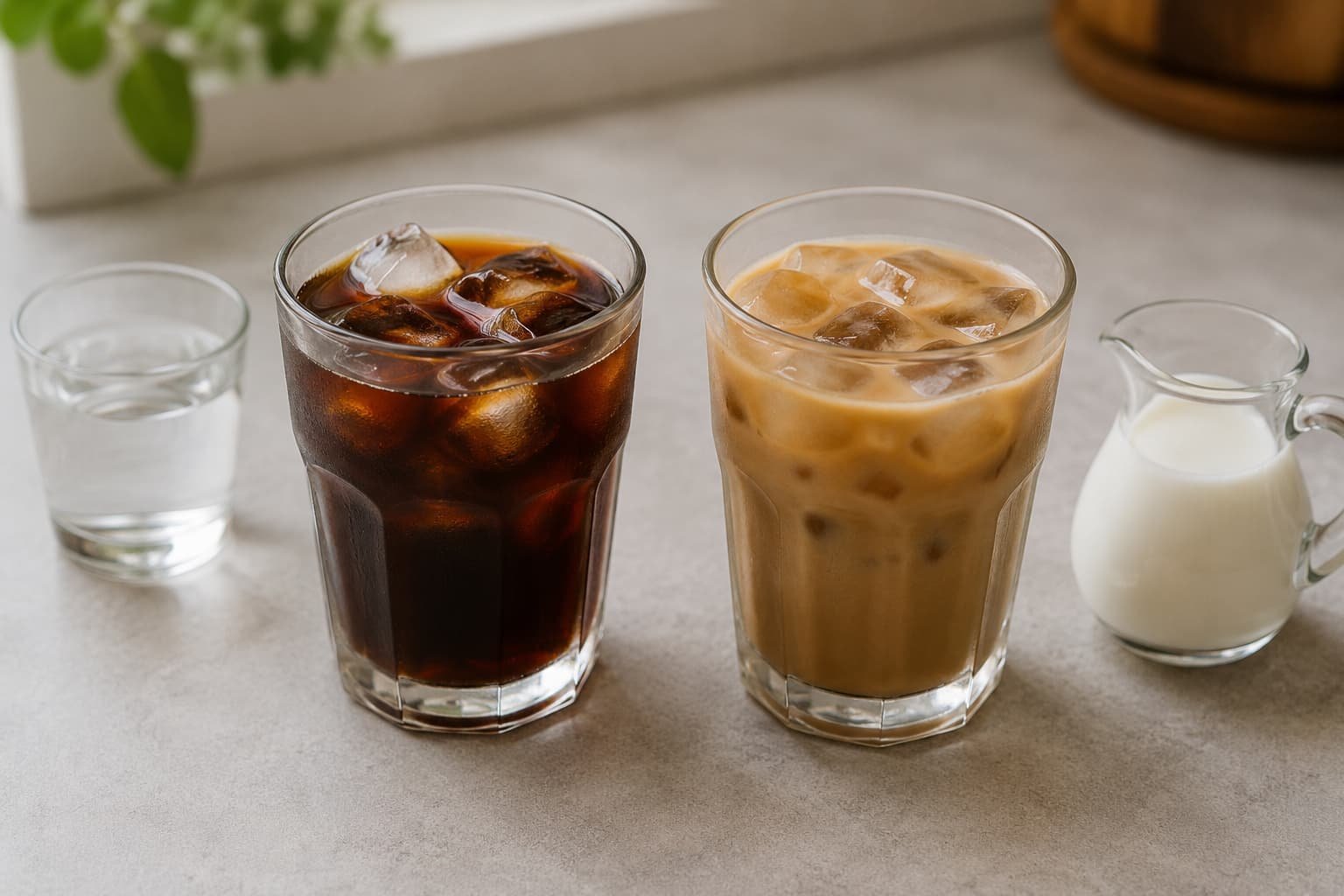 Black instant iced coffee and milk-based instant iced coffee served over ice