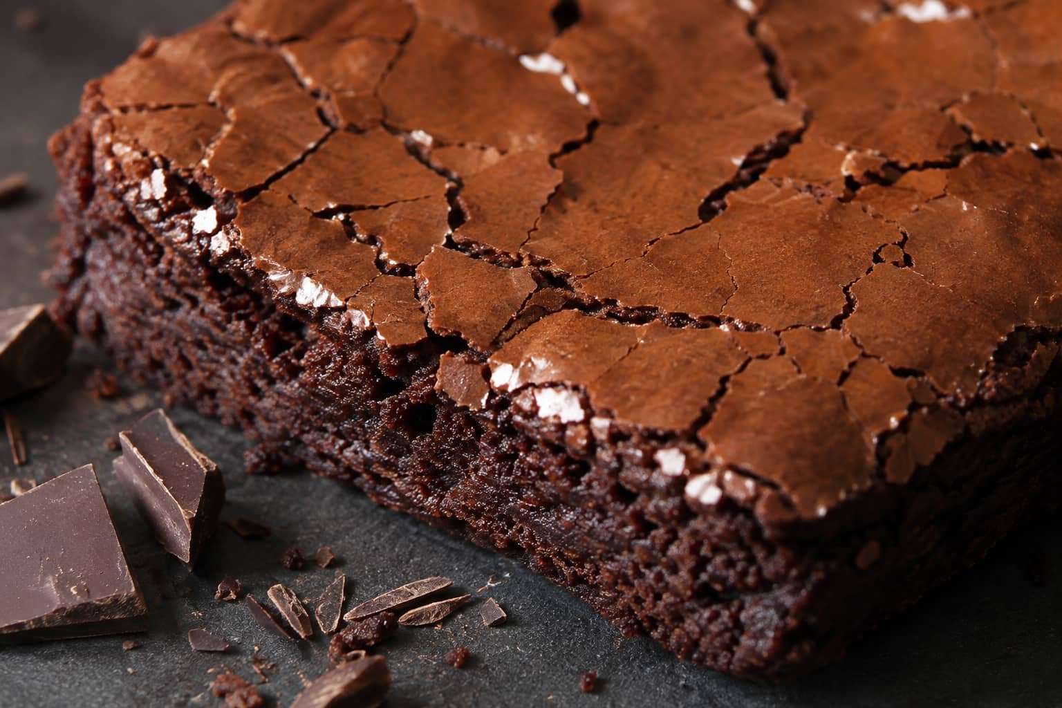 Close-up of a glossy crinkle crust on chocolate espresso brownies