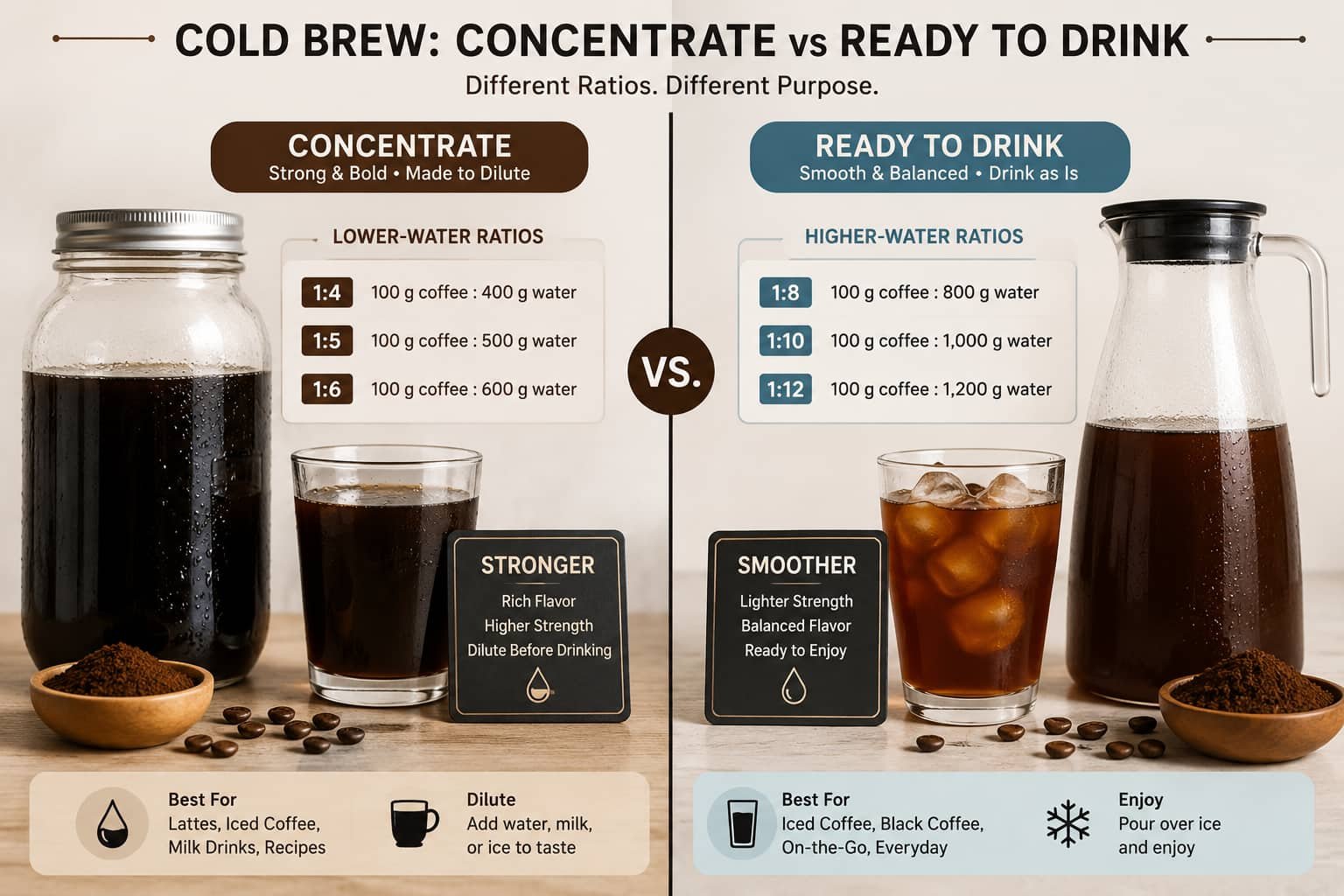 Cold brew concentrate vs ready-to-drink coffee ratio comparison
