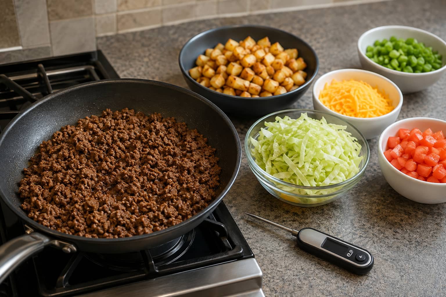 Cooked seasoned ground beef in a skillet with an instant-read food thermometer and taco bowl ingredients nearby