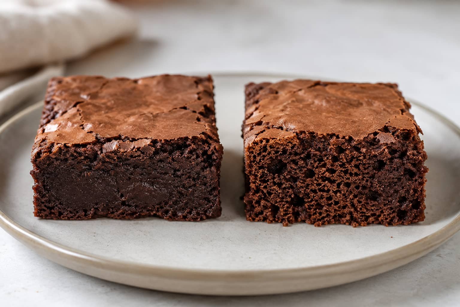 Dense fudgy brownie beside a lighter cakey brownie showing different crumb textures