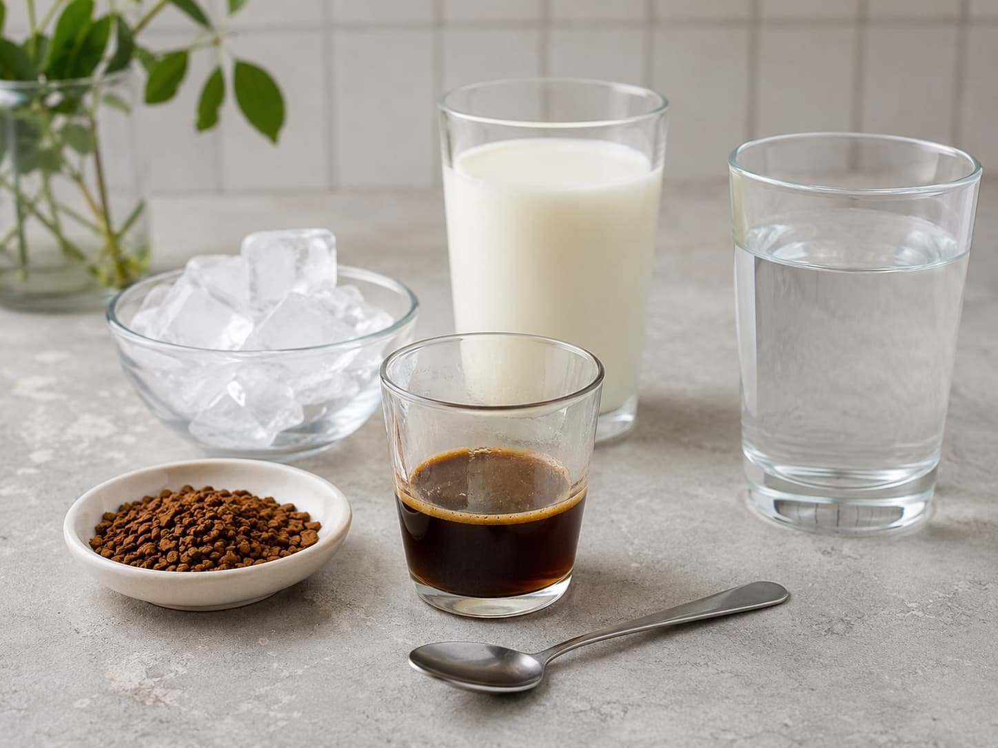 Dissolved instant coffee base beside cold milk, water, and ice for iced coffee