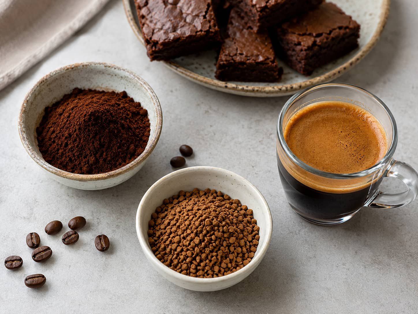 Espresso powder, instant coffee granules, and brewed espresso shown side by side