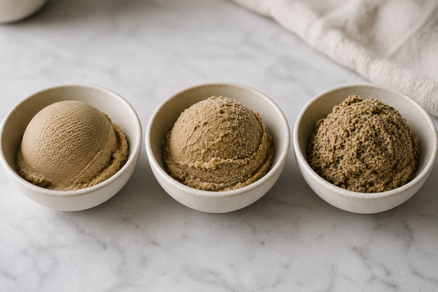 Four stages of making no-churn hojicha ice cream from mixing hojicha powder to freezing the base
