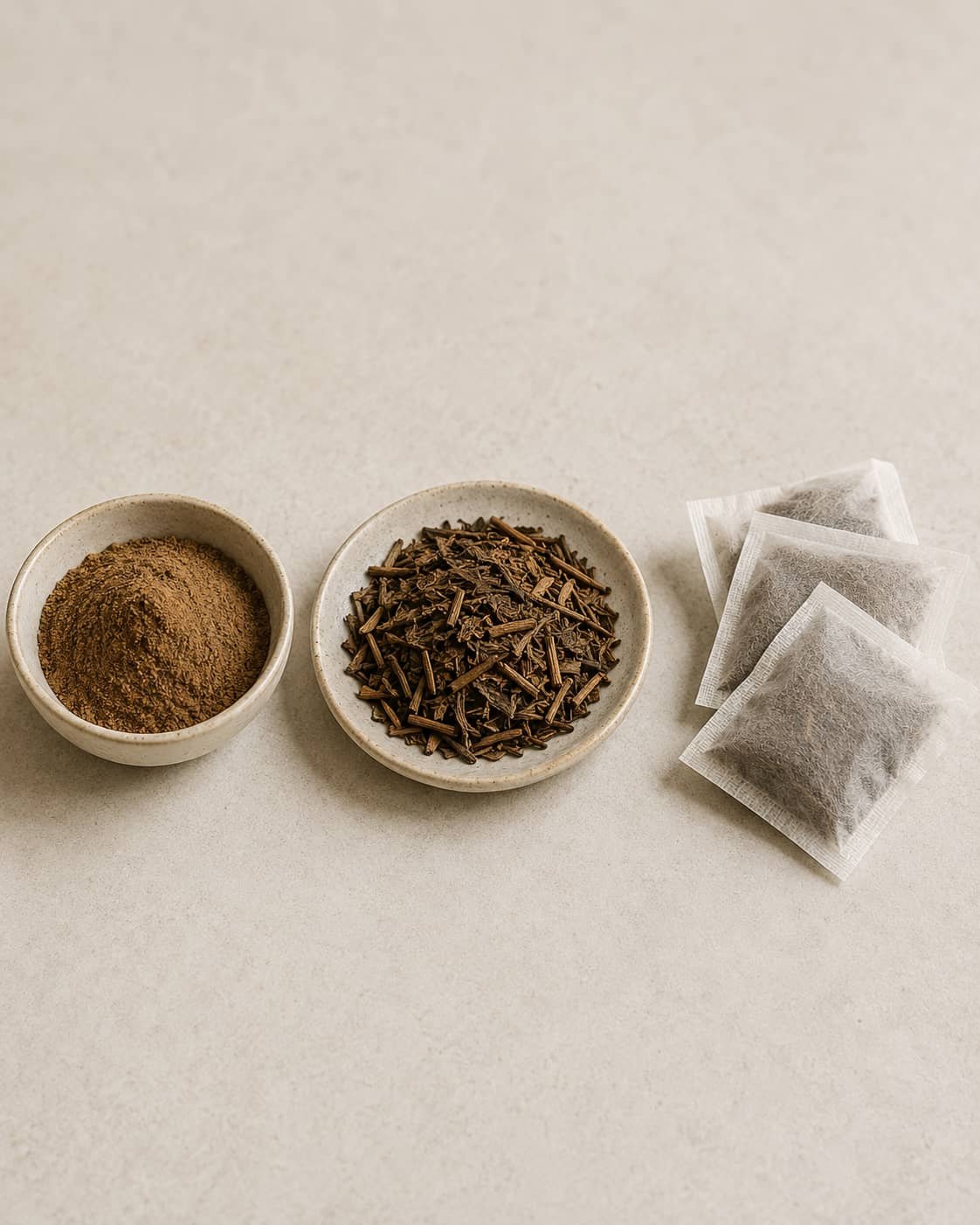Hojicha powder, loose-leaf hojicha, and hojicha tea bags arranged side by side