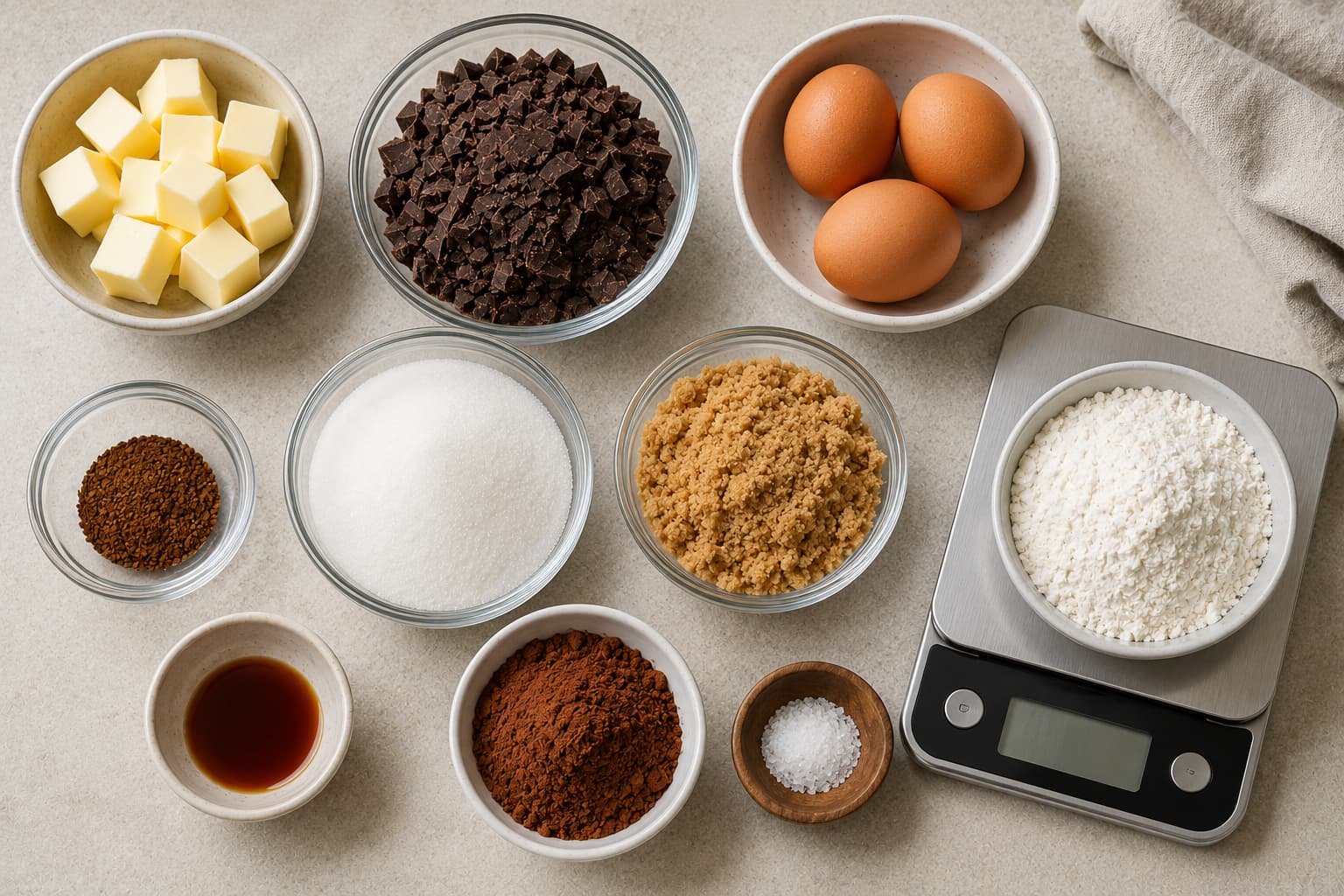 Ingredients for fudgy espresso brownies