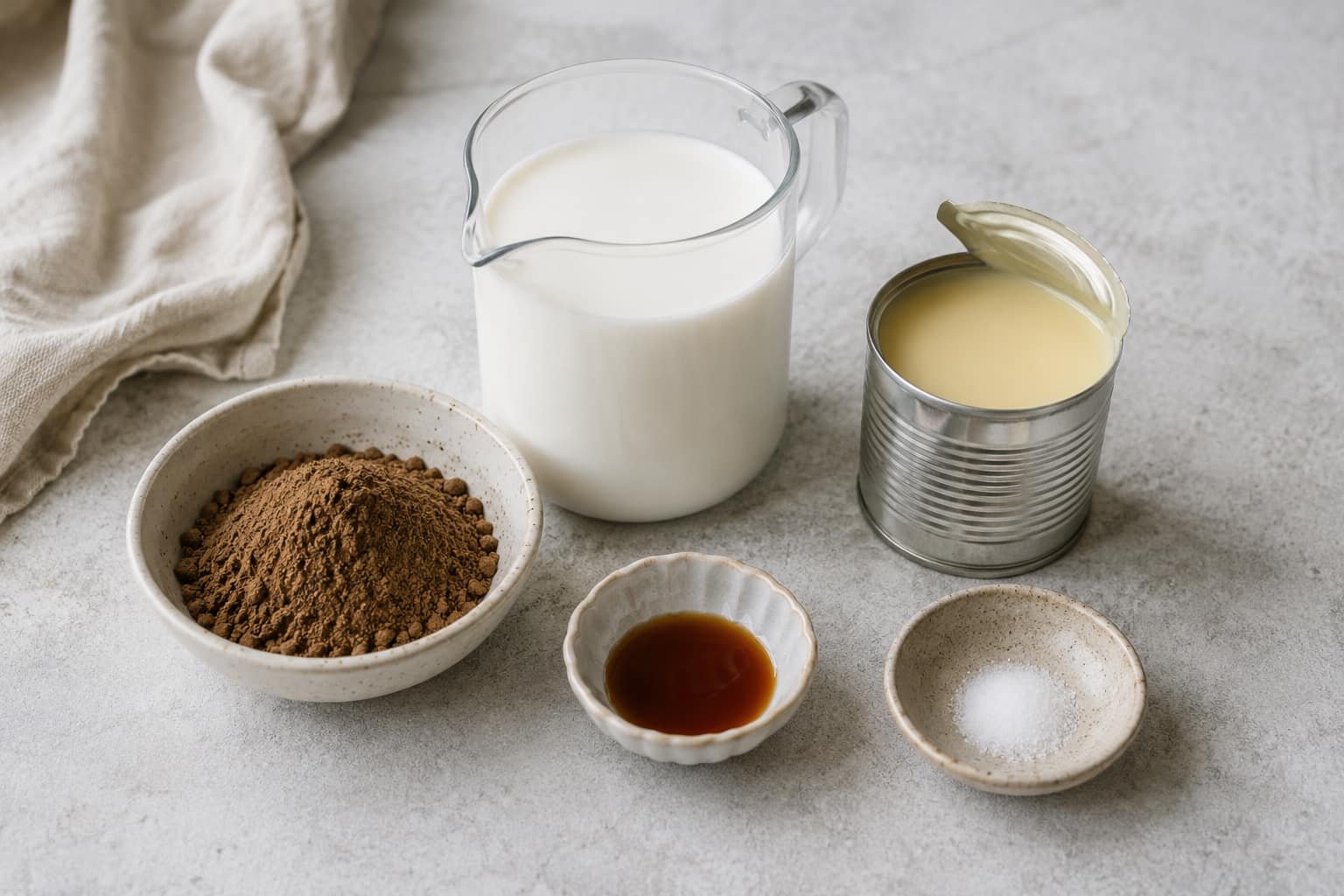 Ingredients for no-churn hojicha ice cream including hojicha powder, cream, condensed milk, vanilla, and salt