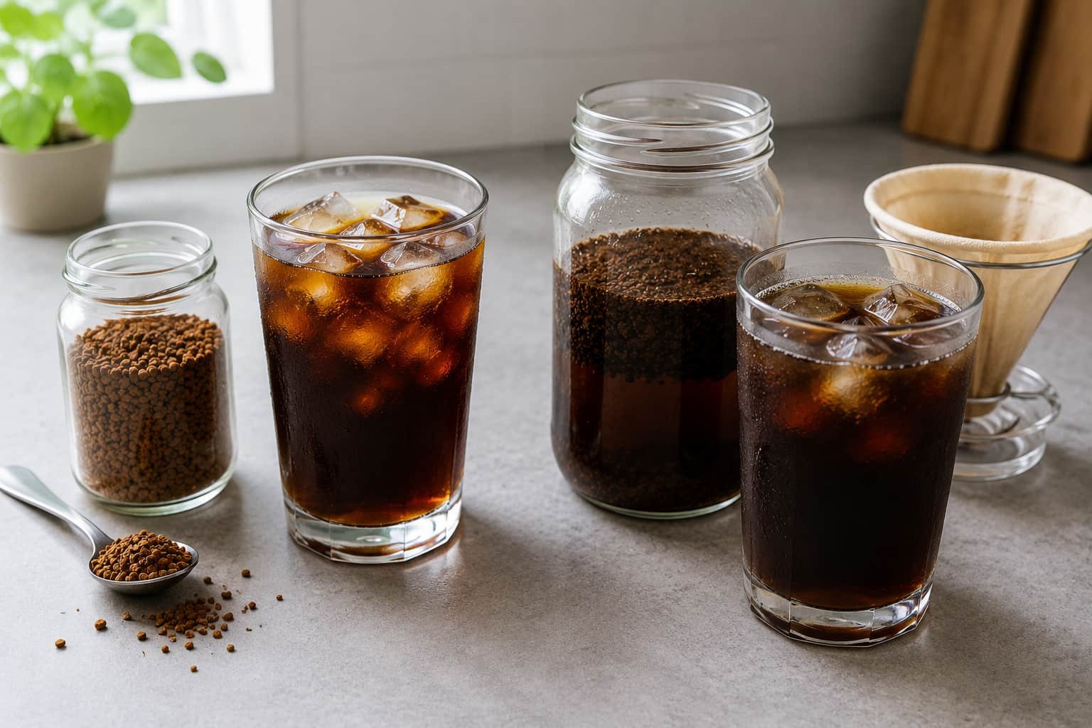 Instant coffee granules and iced coffee compared with ground coffee used for cold brew