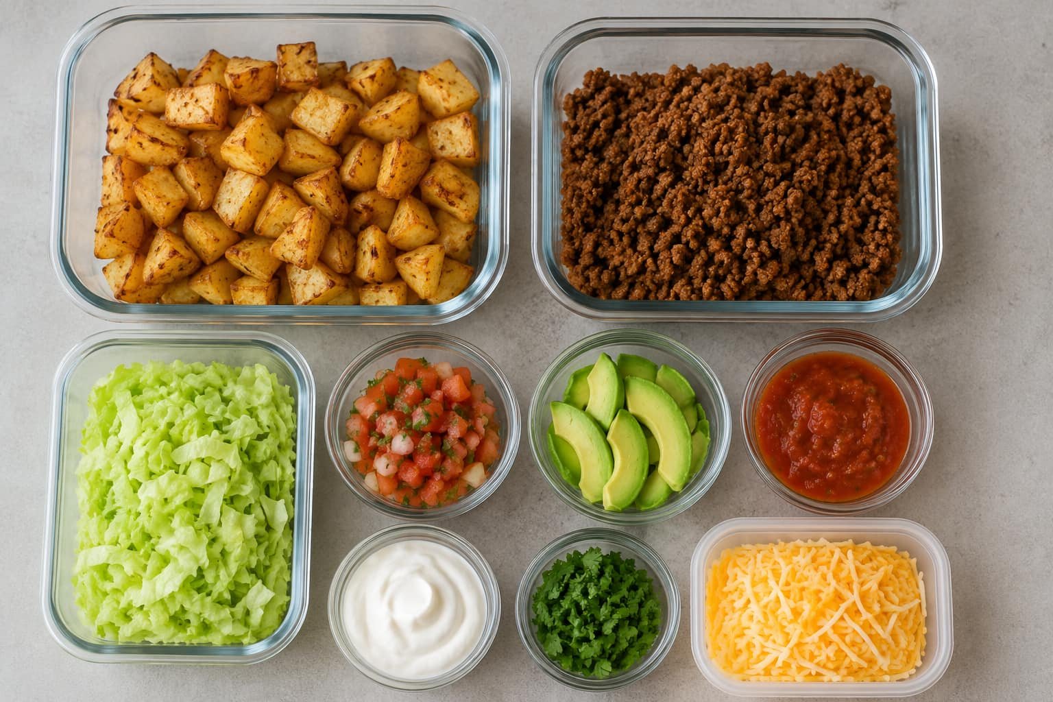 Loaded potato taco bowl meal prep with cooked potatoes, ground beef, lettuce, avocado, salsa, cheese, and fresh toppings stored separately
