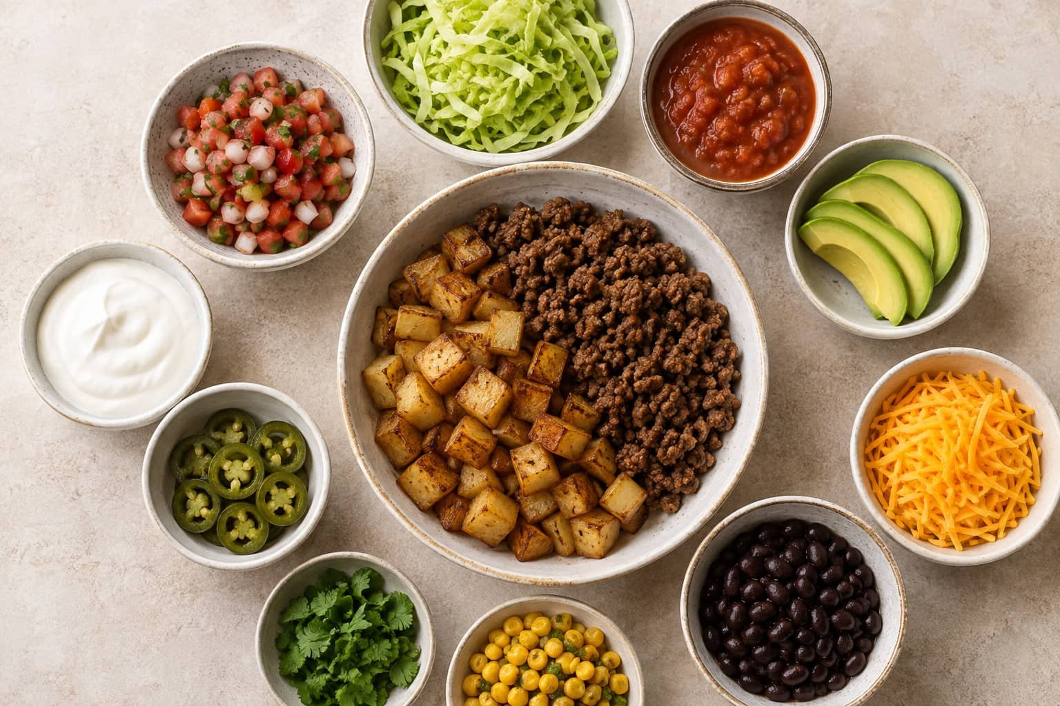 Loaded potato taco bowl with ground beef, roasted potatoes, lettuce, salsa, avocado, cheese, beans, corn, and toppings