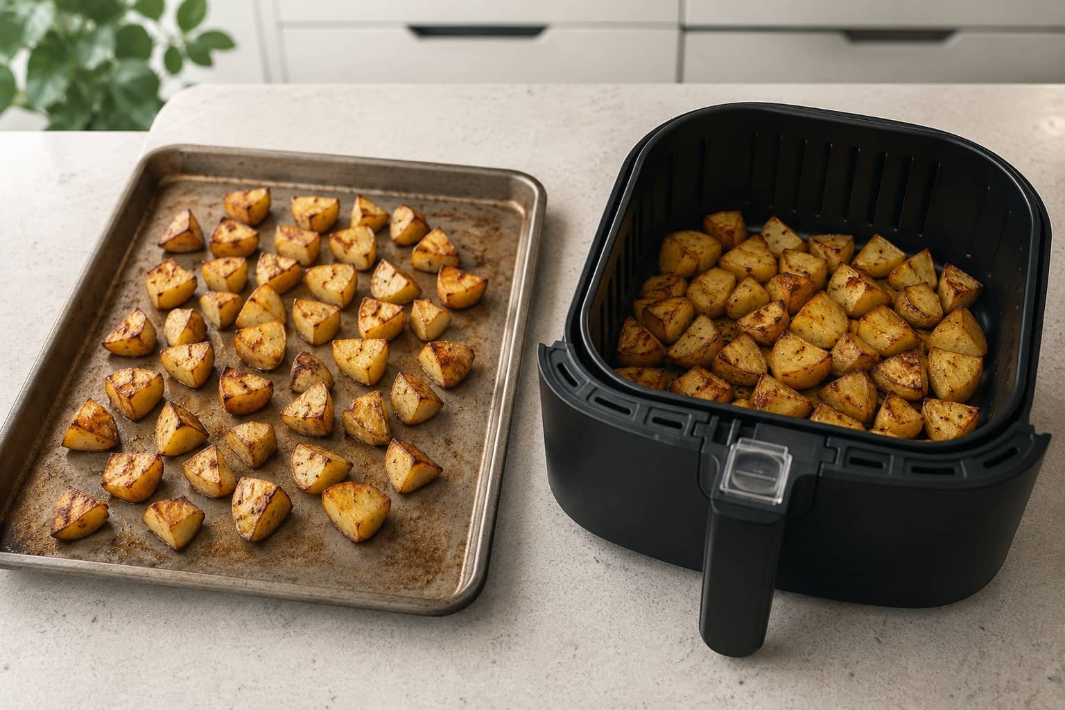 Oven-roasted potato cubes on a baking sheet beside air-fried potato cubes in an air fryer basket