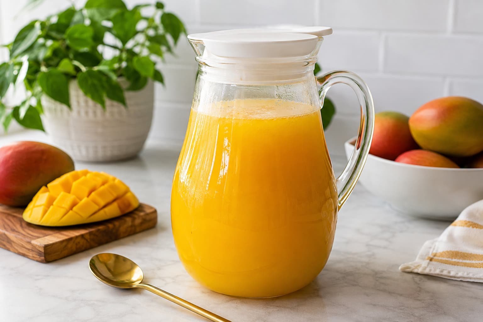 Stored mango agua fresca in a covered pitcher