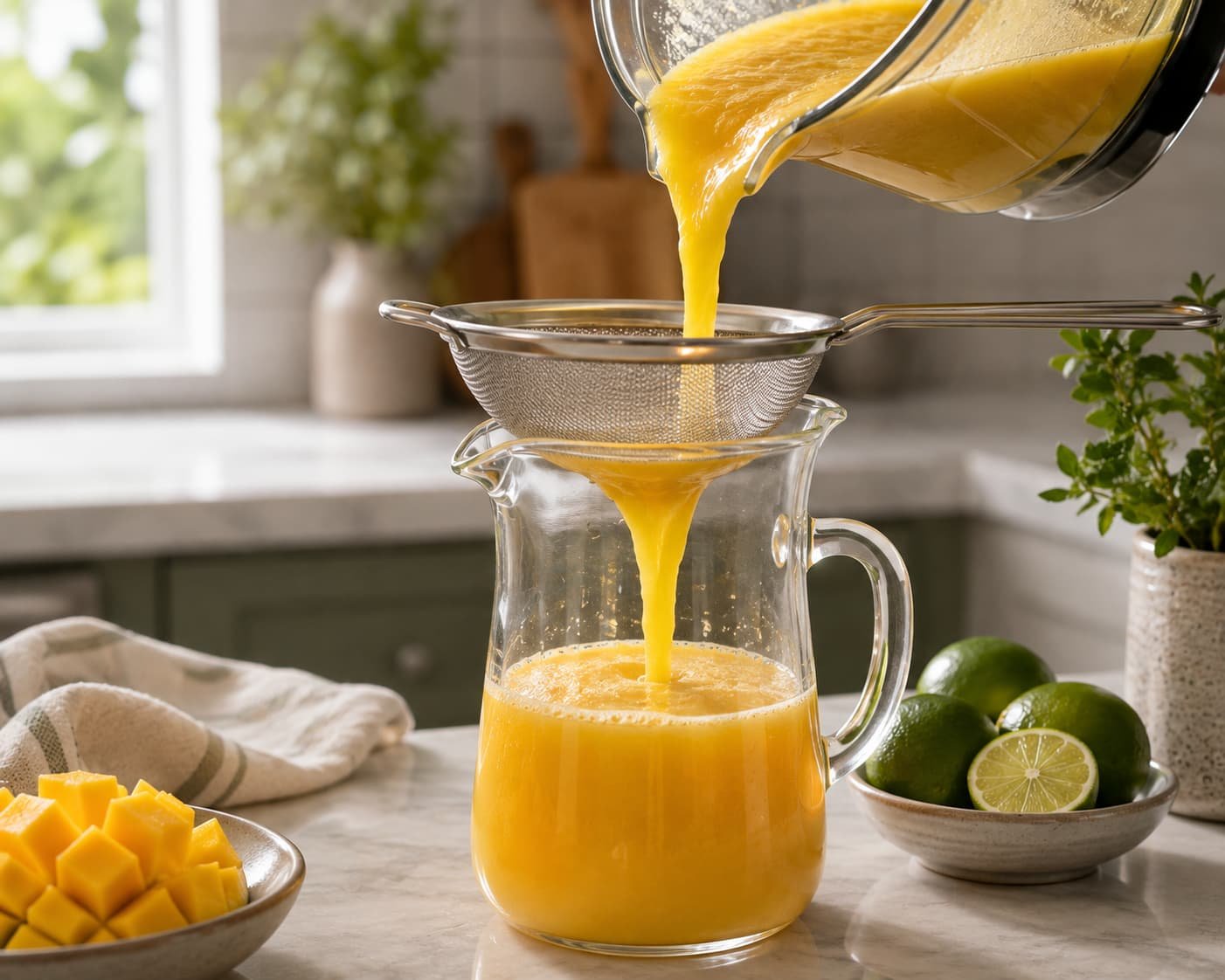 Straining mango agua fresca
