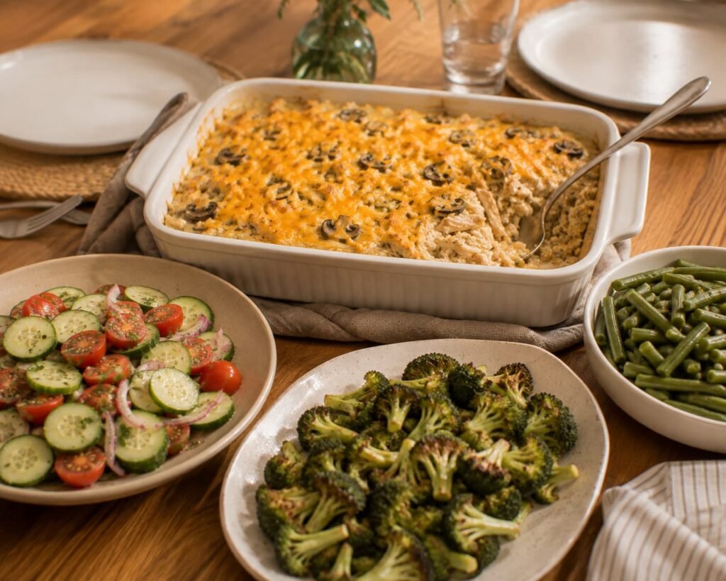 chicken rice casserole with button mushrooms