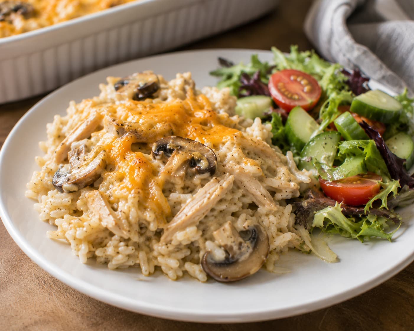 chicken rice casserole with cremini mushrooms