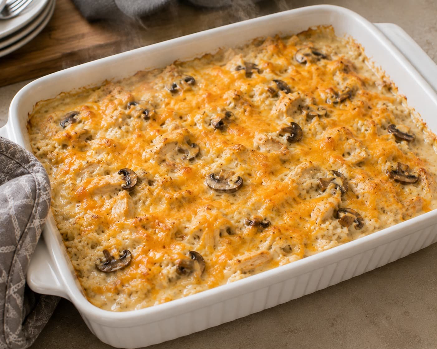 chicken rice casserole with fresh mushrooms