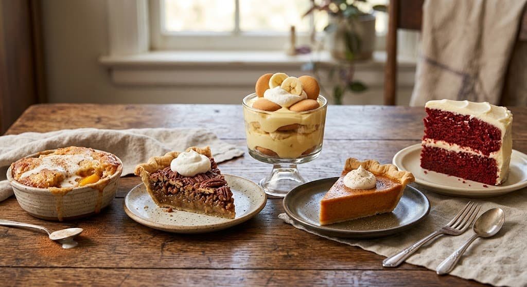 Assorted Southern desserts, including peach cobbler, pecan pie, banana pudding, sweet potato pie, and red velvet cake.