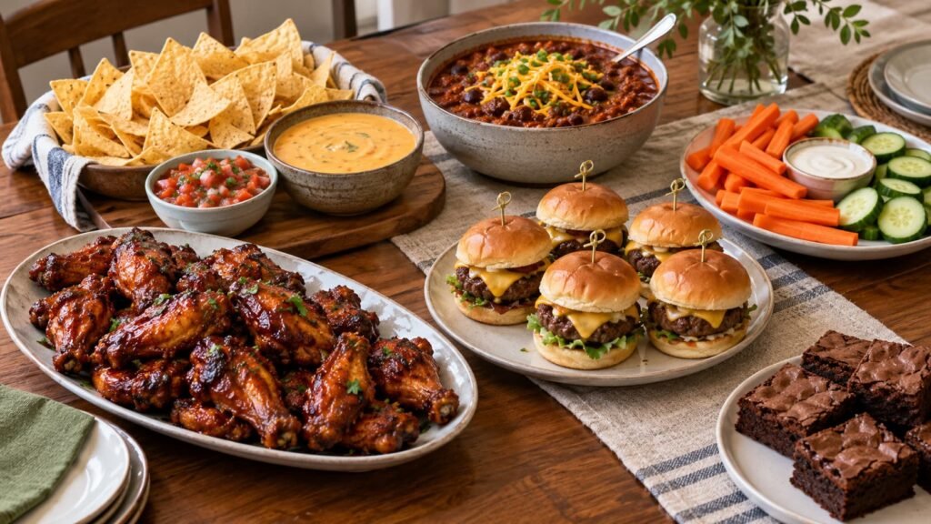 Assorted Super Bowl party foods including chicken wings, sliders, nachos, chili, vegetables, and brownie squares.