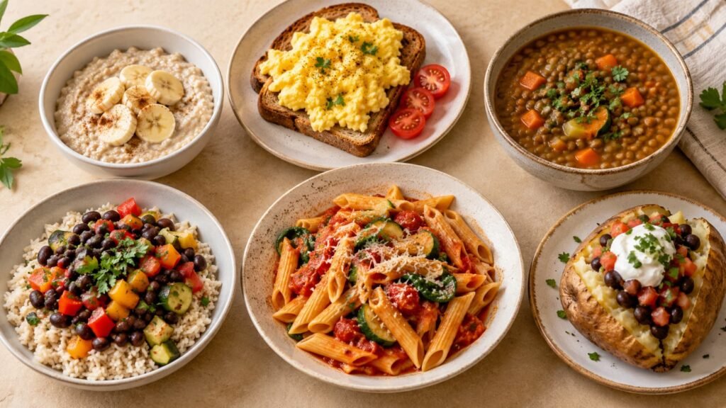 Assortment of affordable homemade meal ideas including oatmeal, eggs, lentil soup, rice and beans, pasta, and baked potato.