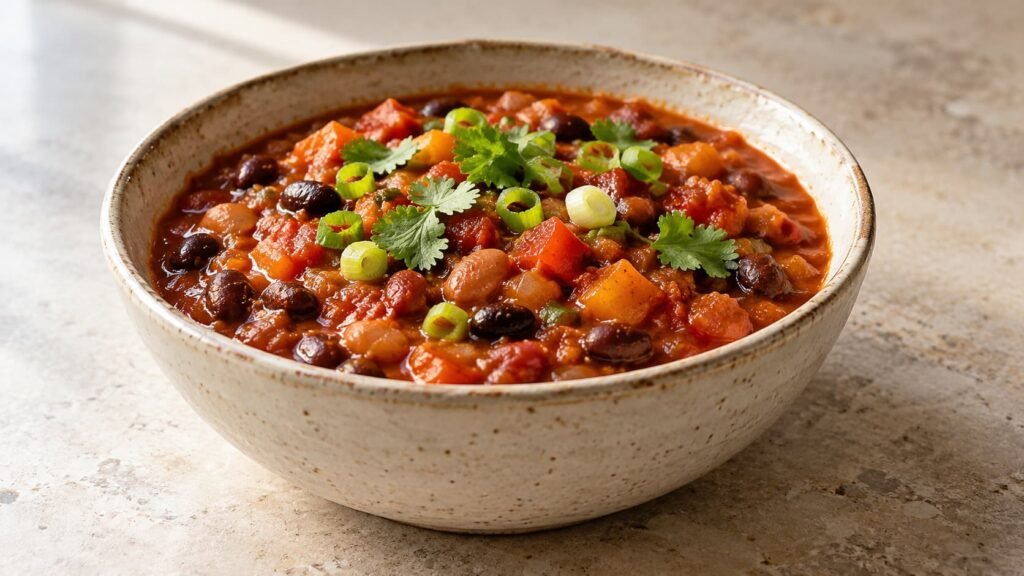 Bowl of pumpkin chili with beans, tomatoes, bell peppers, and green onion garnish.