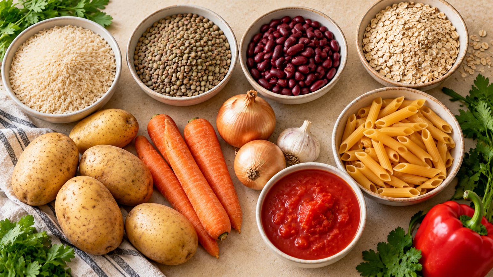 Budget cooking ingredients including rice, lentils, beans, oats, pasta, potatoes, carrots, onions, and tomatoes.