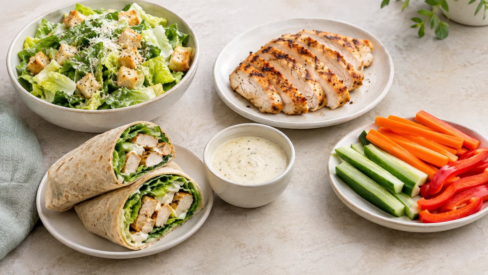Caesar-style dressing served with romaine salad, grilled chicken, a wrap, and fresh vegetables.