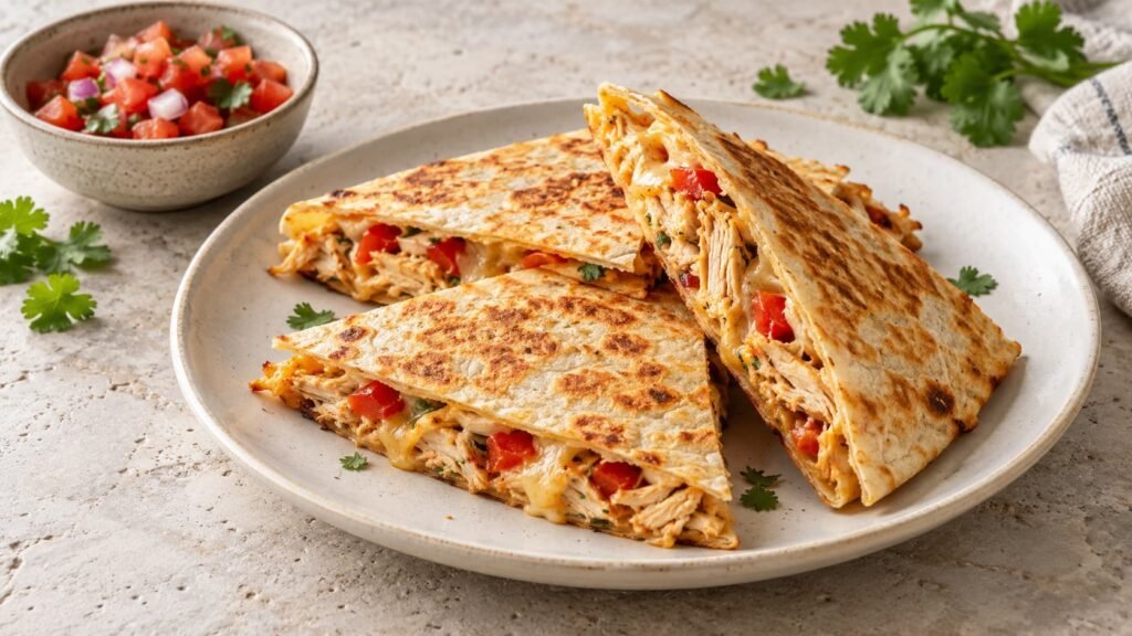 Chicken quesadilla wedges with cooked chicken, melted cheese, and bell pepper filling on a ceramic plate.