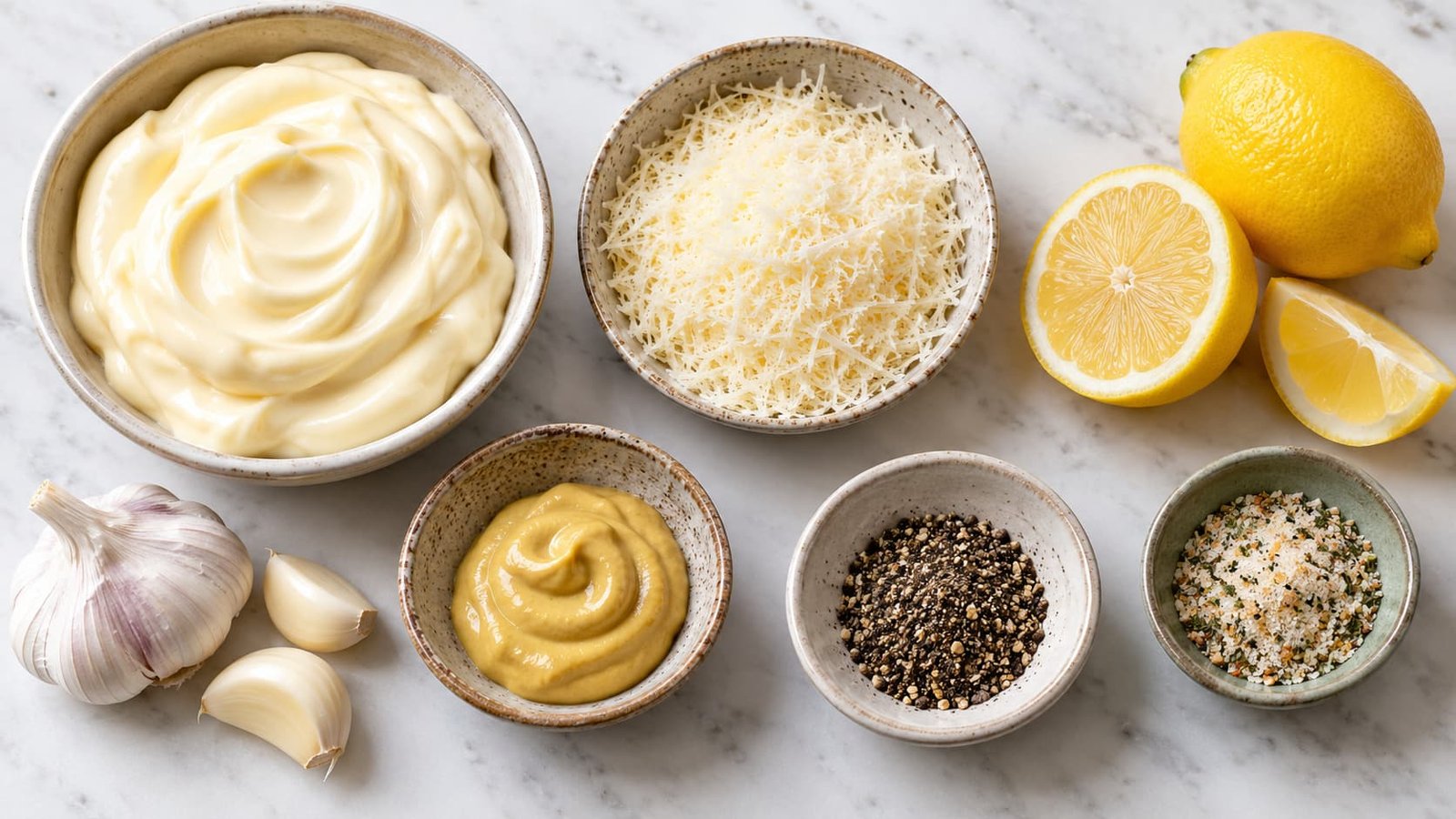Common ingredients used in a homemade Caesar-style dressing, including Parmesan, lemon, garlic, mustard, and mayonnaise.