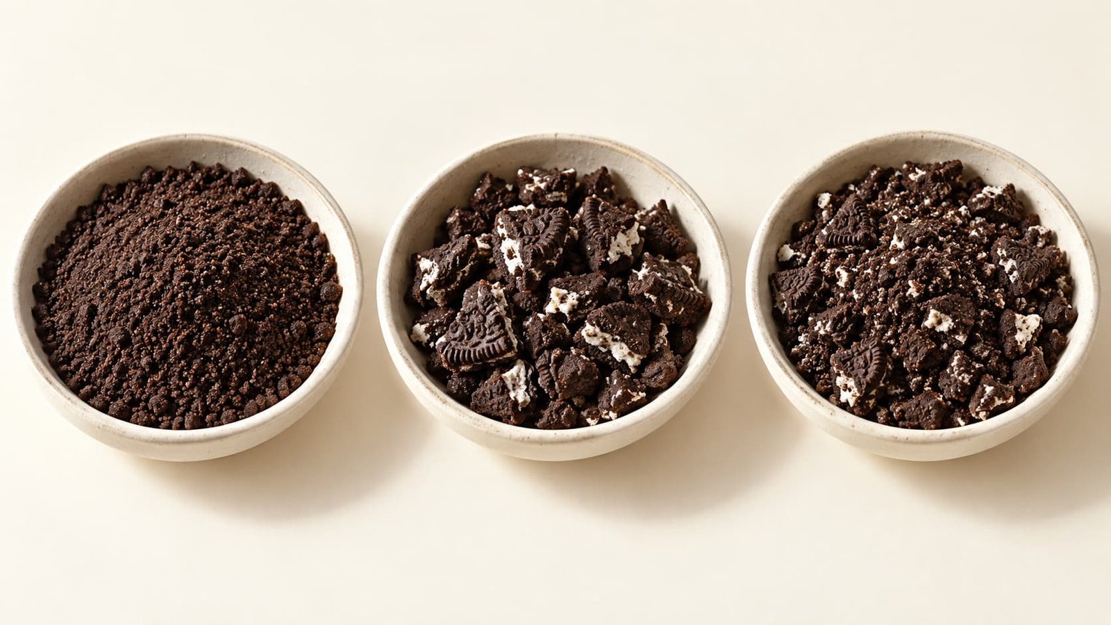 Comparison of fine, coarse, and mixed chocolate sandwich cookie crumbs for dirt cake layers.