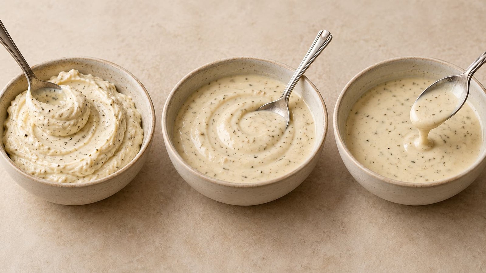Comparison of thick, creamy, and thinner Caesar-style dressing textures.