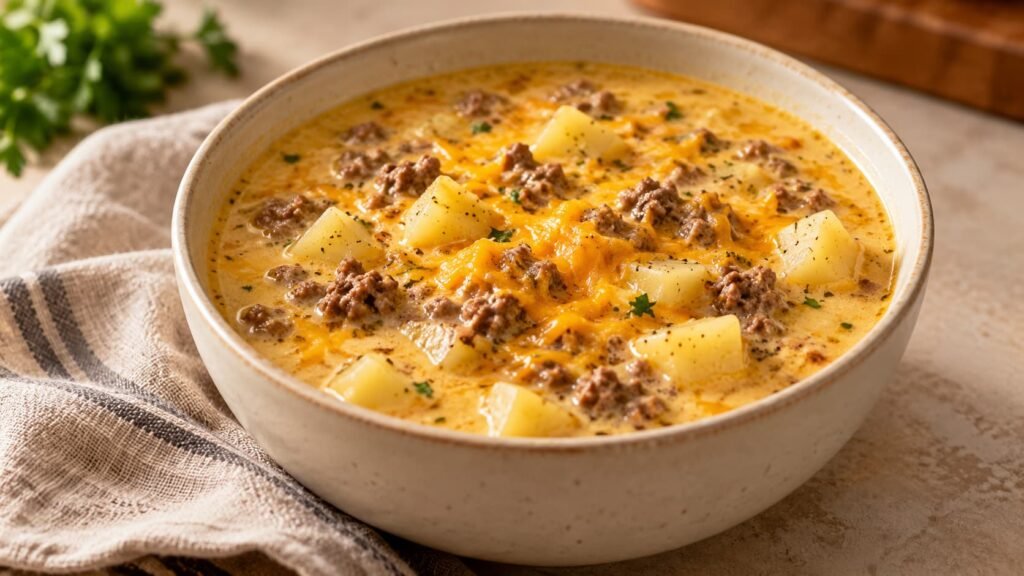 Conceptual bowl of creamy cheesy hamburger potato soup with diced potatoes and ground beef.