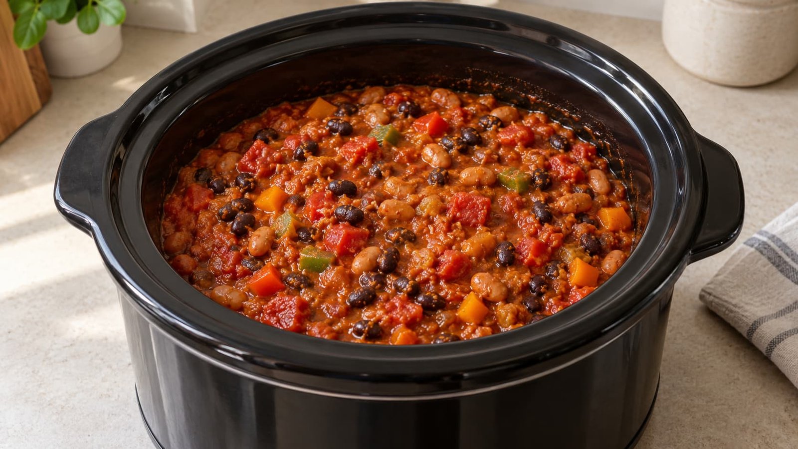 Conceptual pumpkin chili mixture with cooked beans, tomatoes, and bell peppers inside a slow cooker.