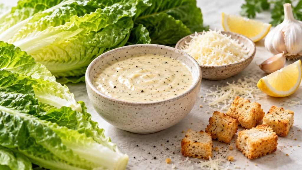 Creamy Caesar-style dressing with romaine, Parmesan, lemon, garlic, and croutons.