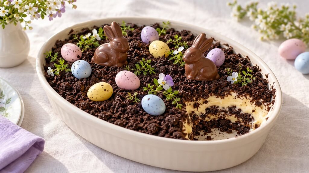 Easter dirt cake illustration with chocolate cookie crumbs, creamy layers, pastel candy eggs, and chocolate bunny decorations.