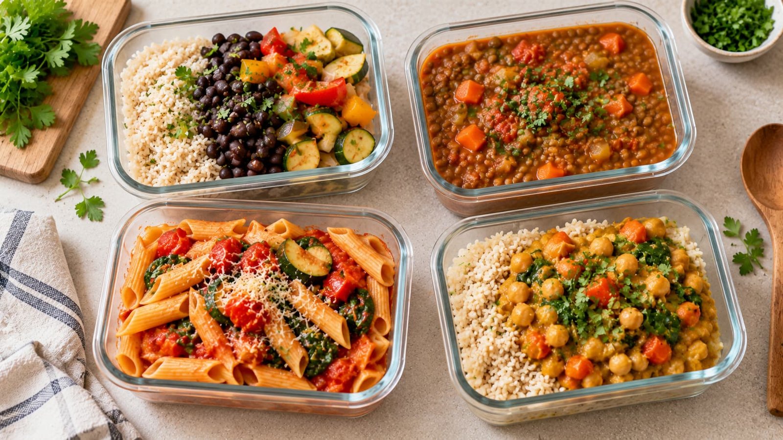 Four different affordable meal combinations in reusable containers, including rice and beans, lentil stew, vegetable pasta, and chickpea curry.
