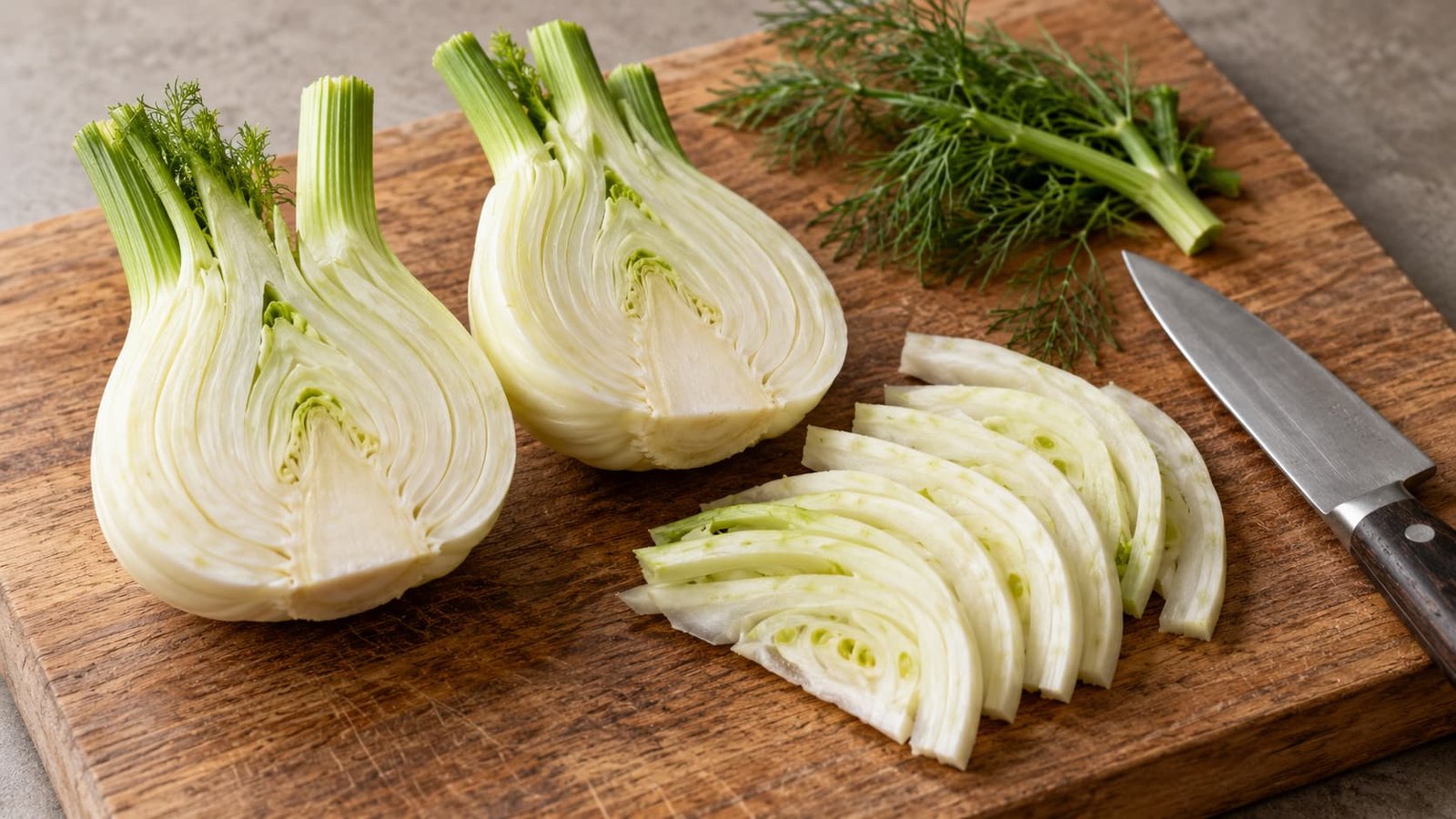Fresh fennel bulb cut in half beside thin, evenly sliced fennel pieces on a wooden cutting board.
