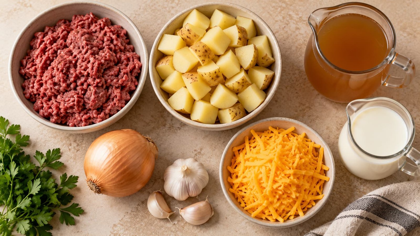 Ground beef, diced potatoes, shredded cheddar, broth, milk, onion, and garlic arranged as soup ingredients.