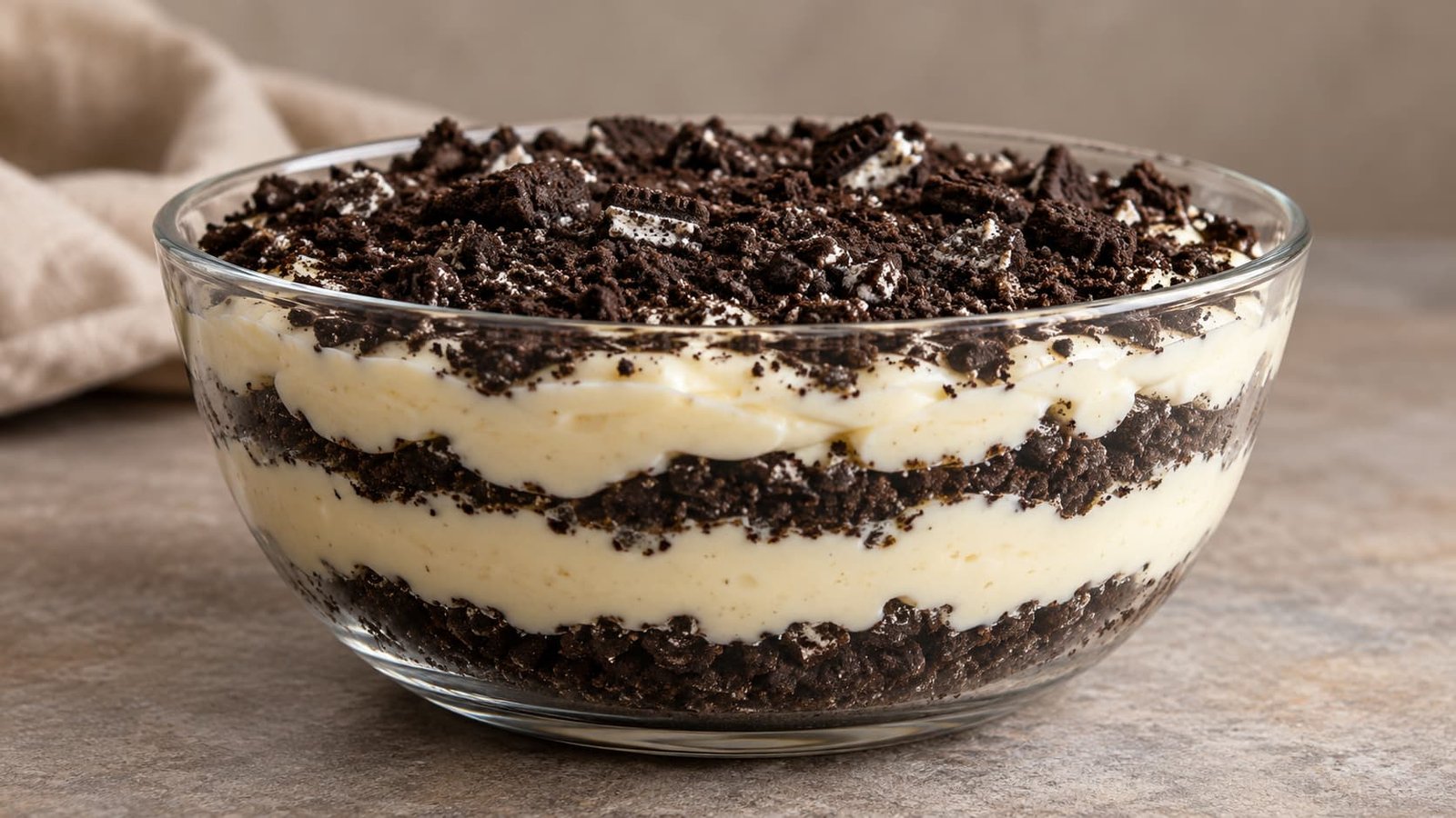 Illustrative side view of alternating chocolate cookie crumb and creamy vanilla pudding layers in a clear dessert bowl.