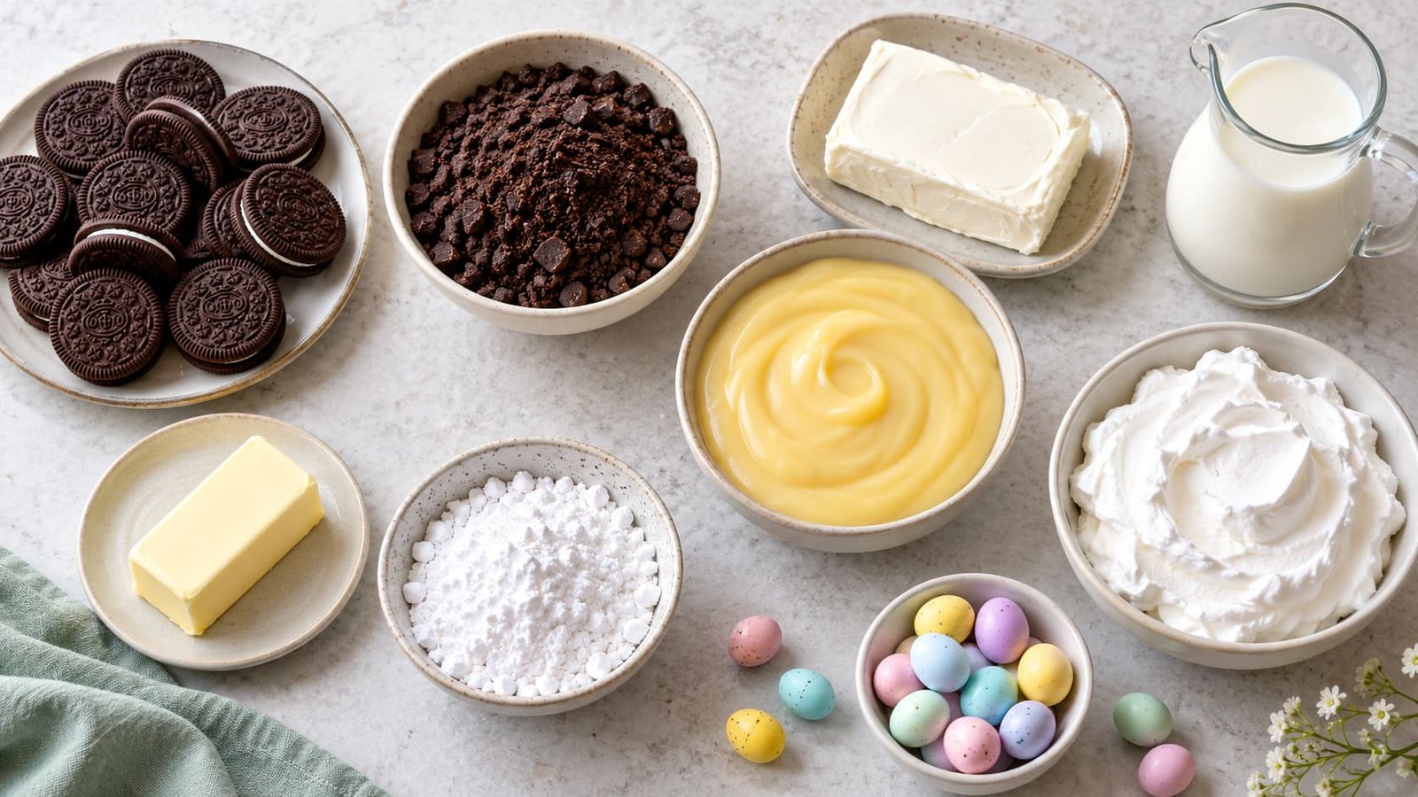 Ingredient overview for Easter dirt cake with chocolate sandwich cookies, pudding, cream cheese, milk, whipped topping, and pastel candy eggs.