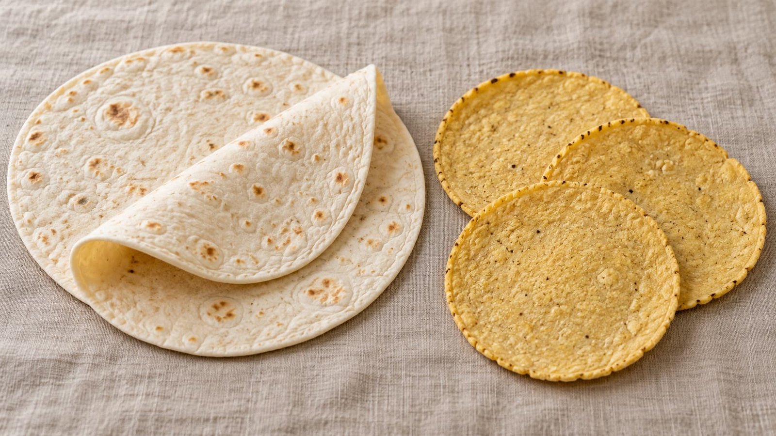 Large pale flour tortillas beside smaller yellow corn tortillas showing differences in appearance and size.