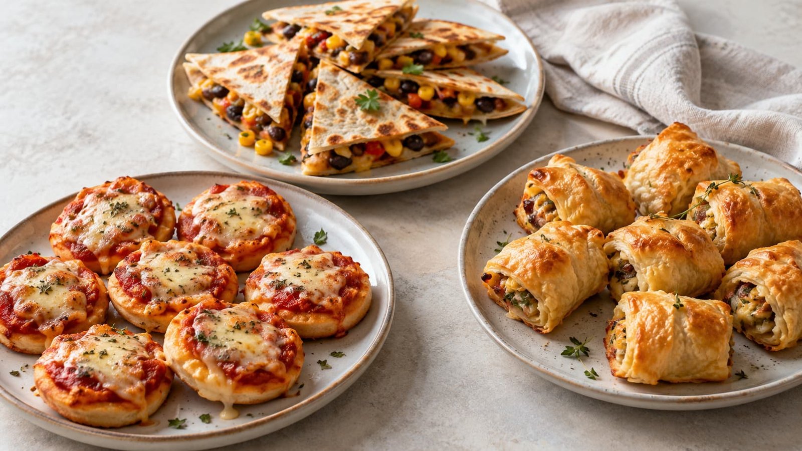 Mini pizza bites, vegetable quesadilla wedges, and savory pastry appetizers served on separate plates.
