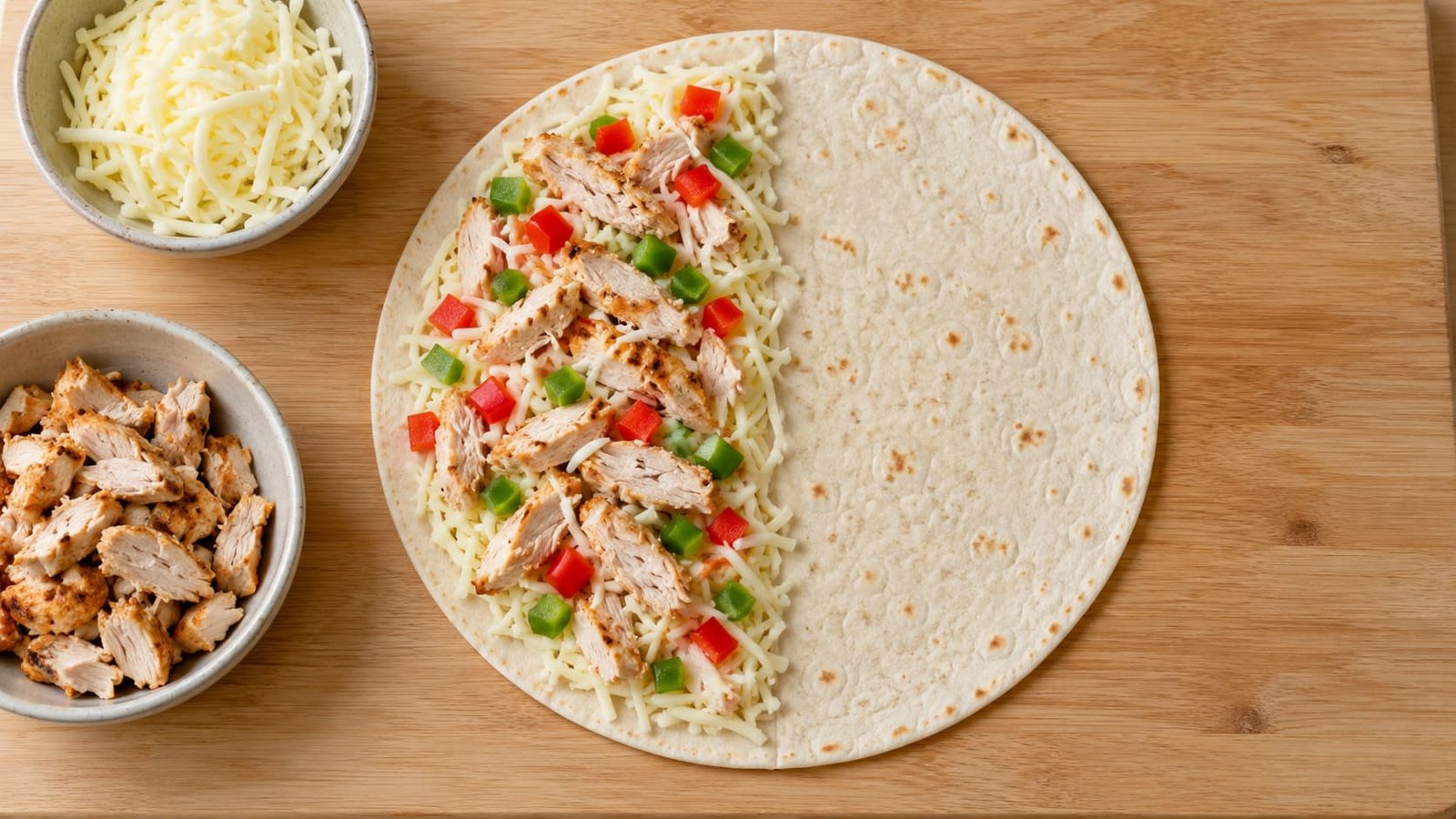 Open flour tortilla with cooked chicken, shredded cheese, and bell peppers spread across one half before folding.