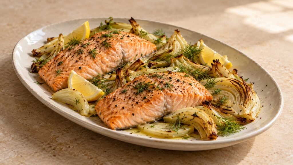 Oven-baked salmon fillets with roasted fennel slices, lemon wedges, and fresh fennel fronds.